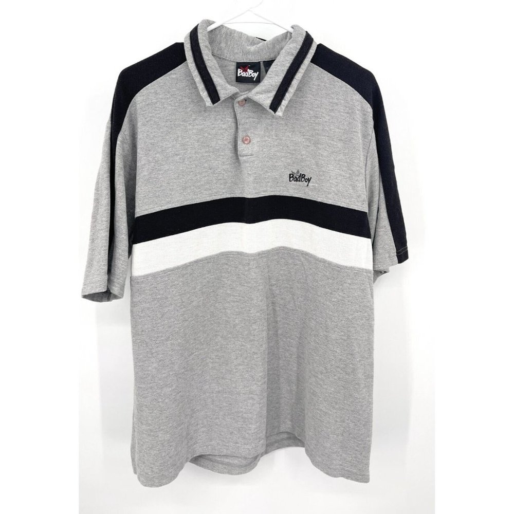 Vintage‎ 90s BAD BOY POLO SHIRT Silver Black  Logo Embroidery Sz L